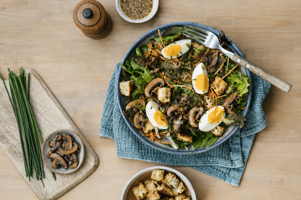 salade lyonnaise - végétarienne aux champignons et œufs