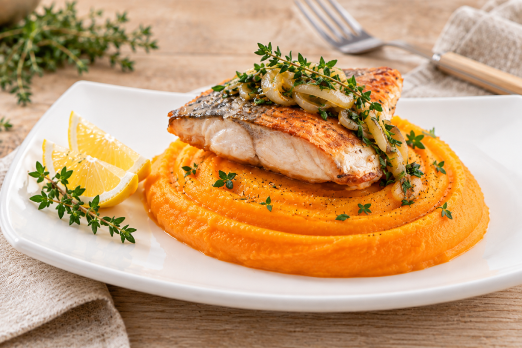 Poisson grillé et purée de carottes